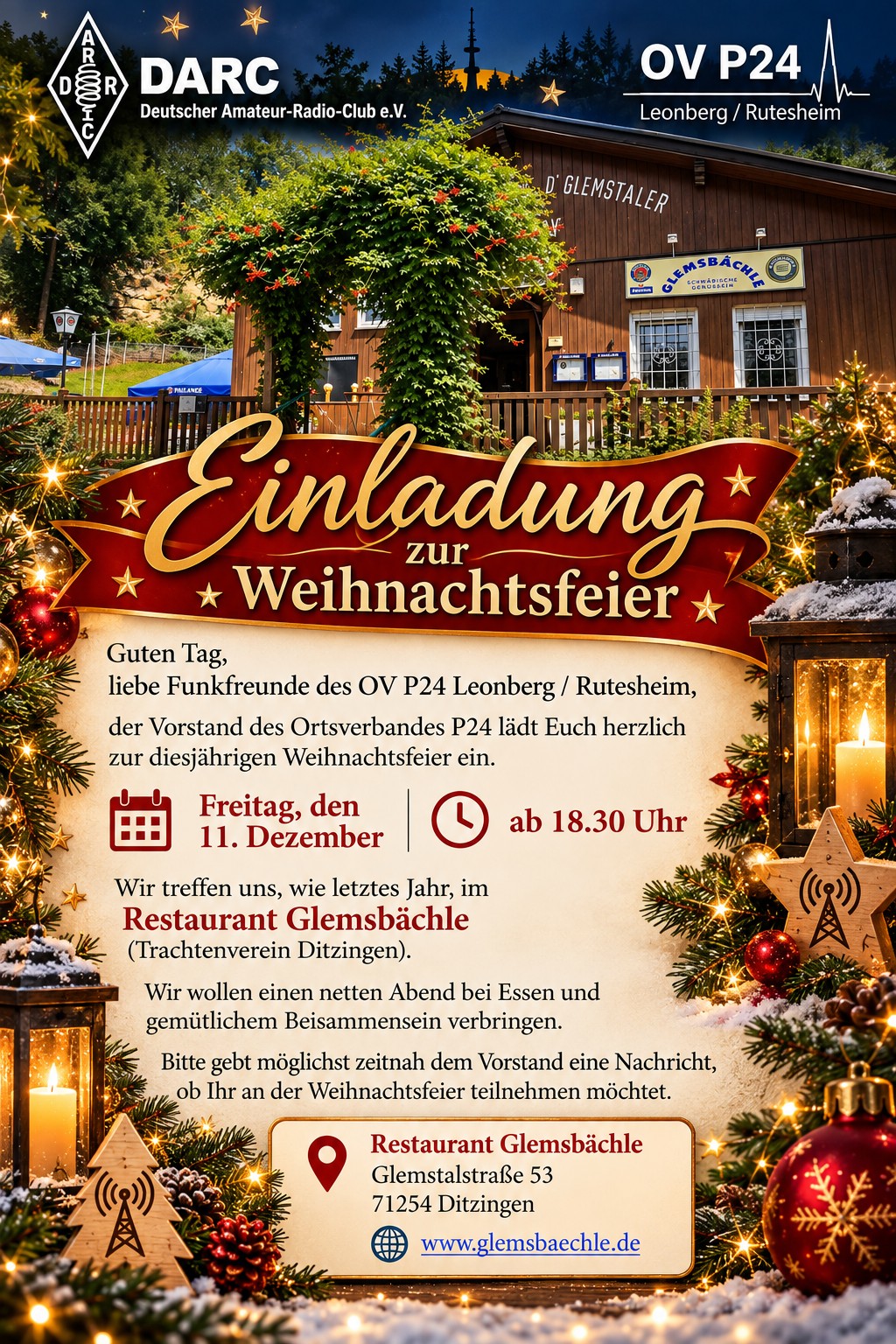 Einladung zur Weihnachtsfeier des OV P24, Freitag 11. Dezember ab 18.30 Uhr, Restaurant Glemsbächle, Glemstalstraße 53, 71254 Ditzingen
